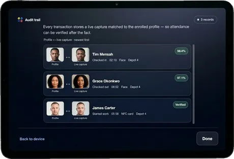 Audit trail screen matching a live capture to an enrolled profile with a confidence score