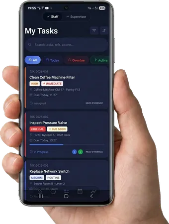 Praci mobile app showing a staff member's task list with priority tags and due times
